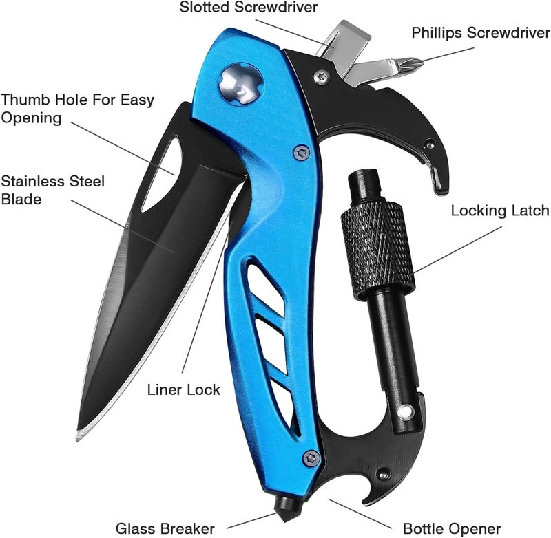 FUNBRO EDC Multitool Carabiner with Knife, Bottle Opener, Window Breaker and Screwdriver, Survival Knives Tools for Men Outdoor Camping (Blue) - Image 5